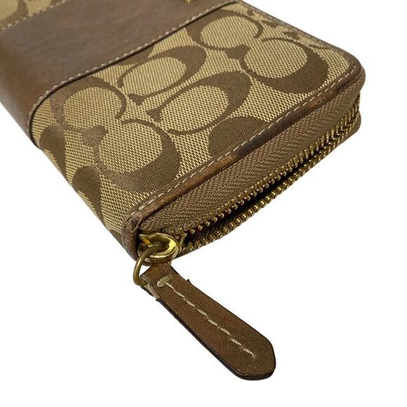 Auth COACH Signature - Khaki Dark Brown Jacquard Leather Long Wallet - Picture 2 of 10